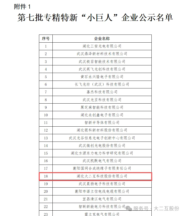 喜报｜湖北大二互科技股份有限公司荣获第七批专精特新“小巨人”企业认定